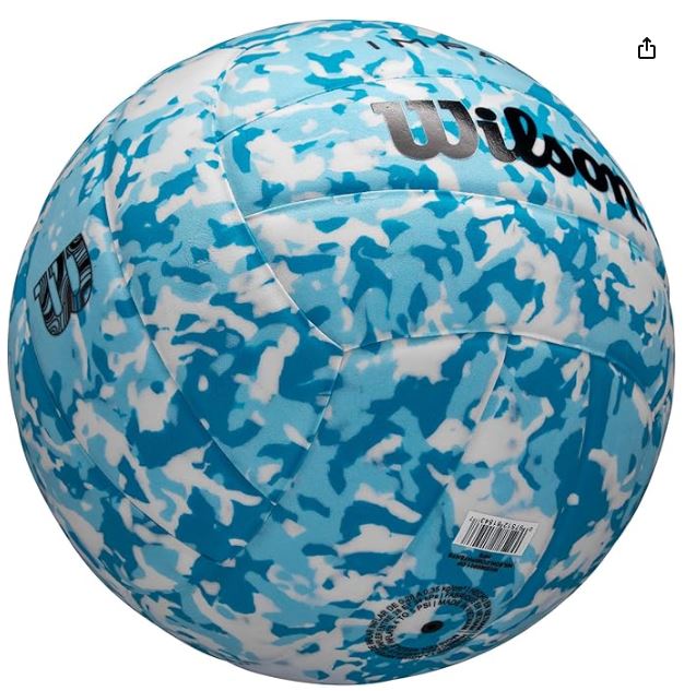 Blue and white camouflage volleyball with Wilson branding on a white background