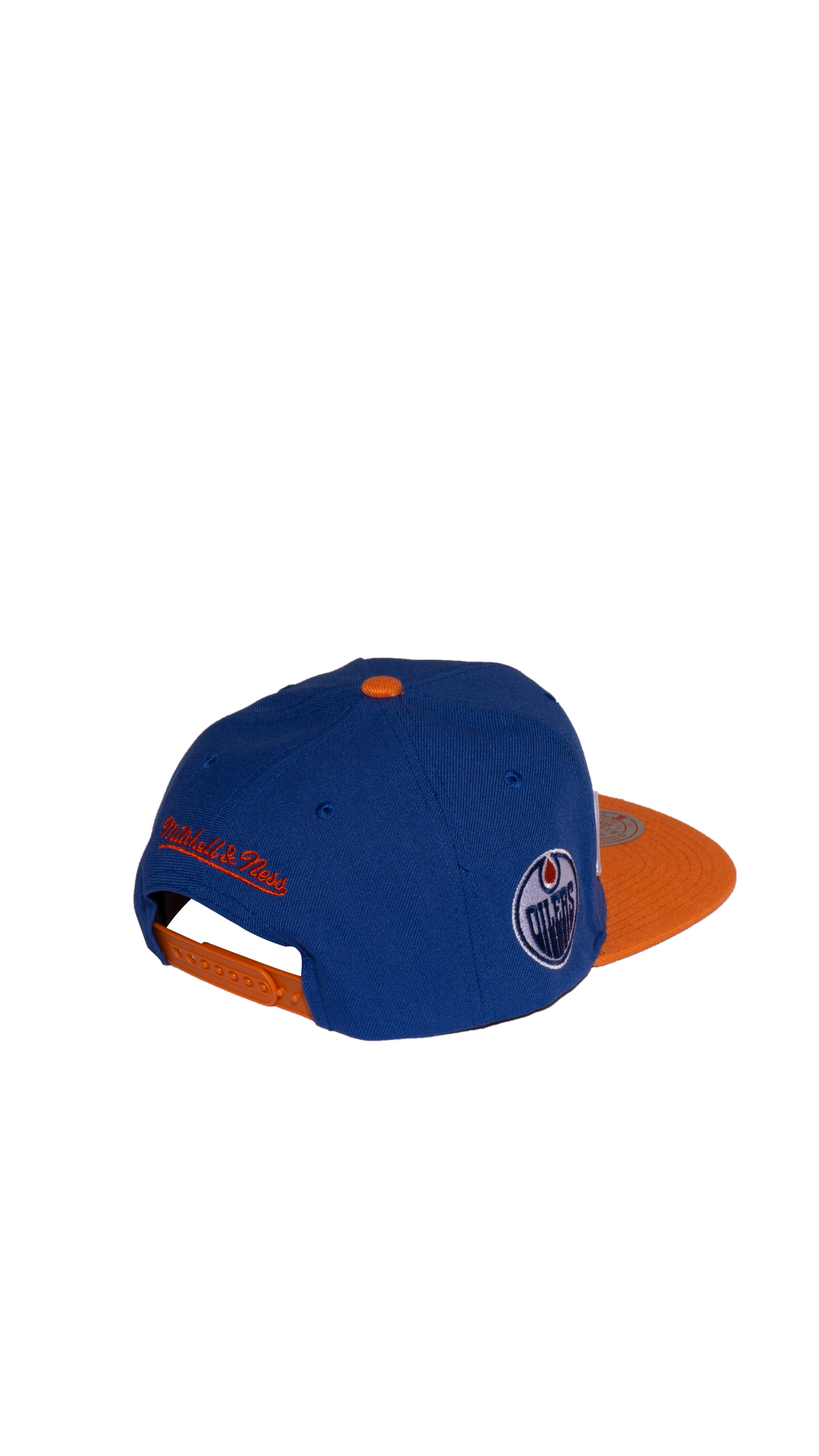Men’s NHL Edmonton Oilers Mitchell & Ness Vintage Script Snapback Hat – Blue/Orange
