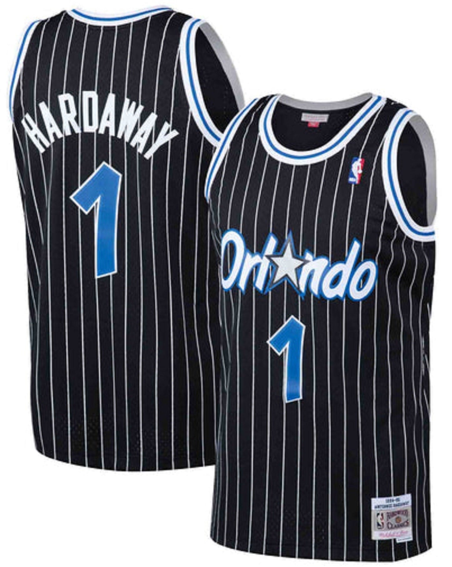 Men's Orlando Magic Penny Hardaway Mitchell & Ness Black 1994-95 Hardwood Classics Swingman Jersey in black, blue, and white colors with the number 1 and 'Orlando' logo.