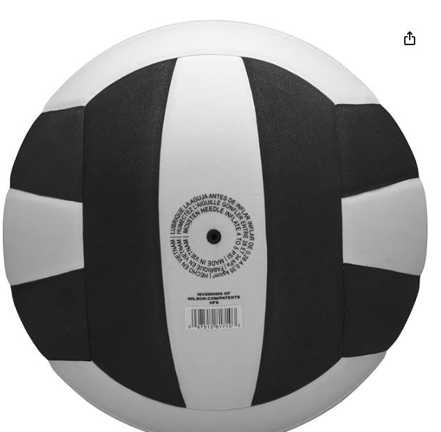 Black and white striped ball with a label on a white background