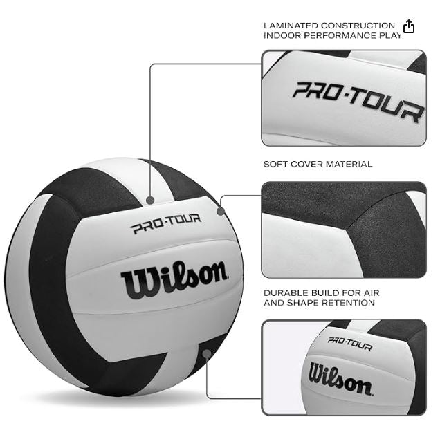 Wilson Pro Tour volleyball with features highlighted on a white background