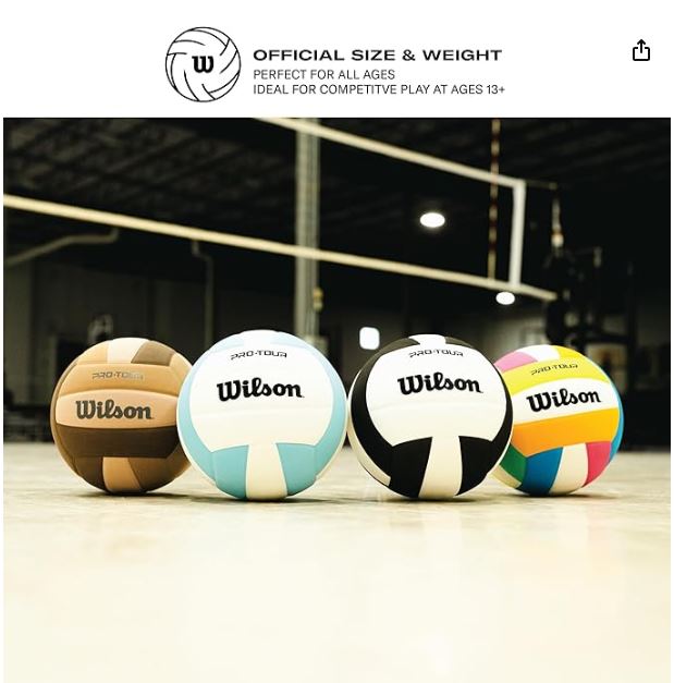Four Wilson volleyballs on a court with branding and product information text.