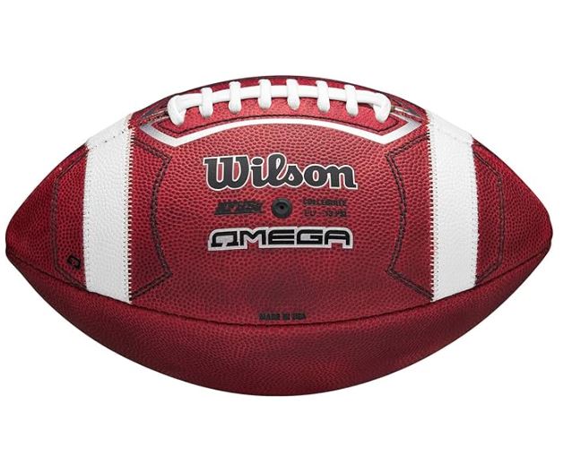 Red and white football with Wilson Omega branding on a white background