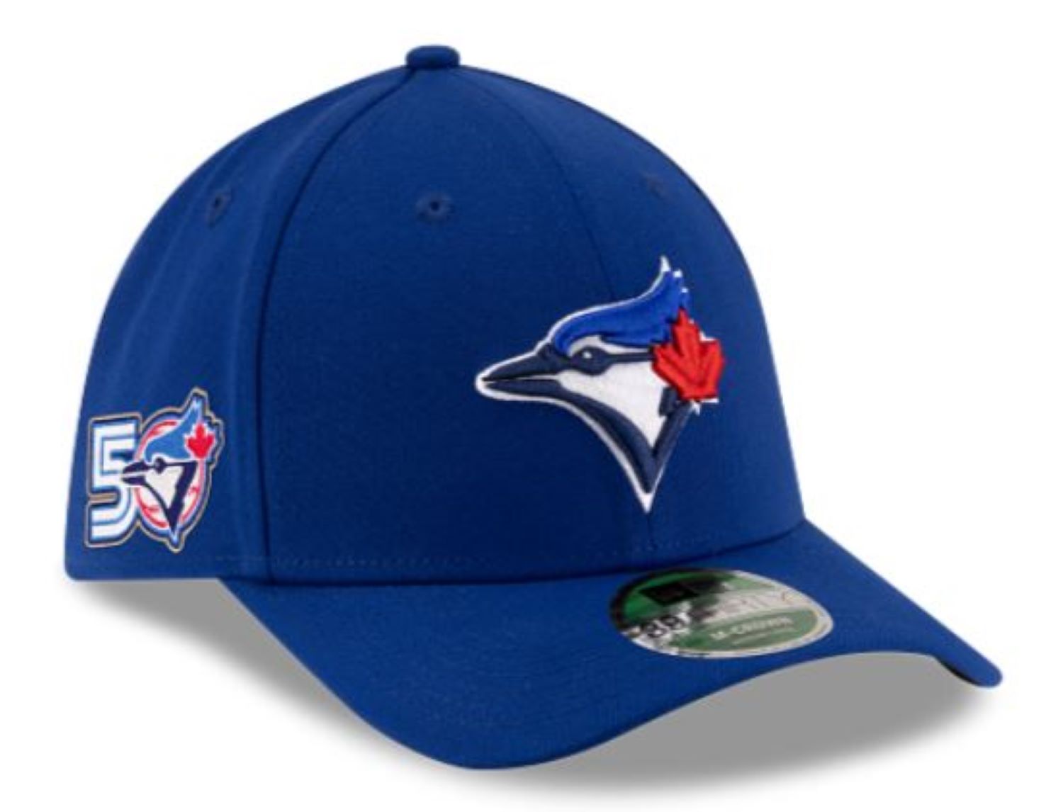 Blue baseball cap with a logo on a white background