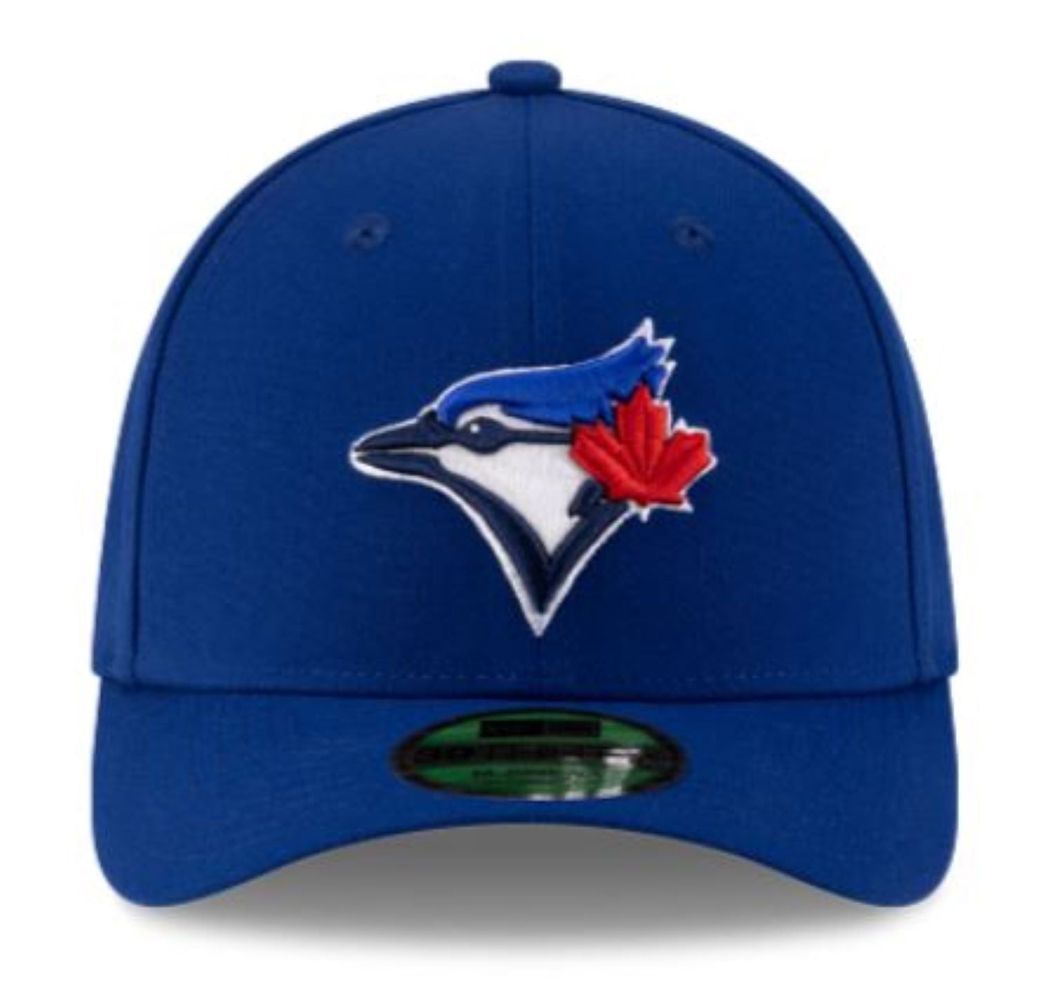 Blue baseball cap with a logo featuring a bird and red leaf on a white background