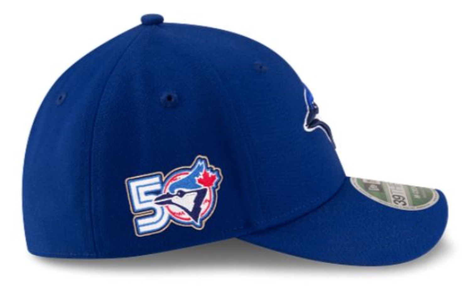 Blue baseball cap with a logo on a white background