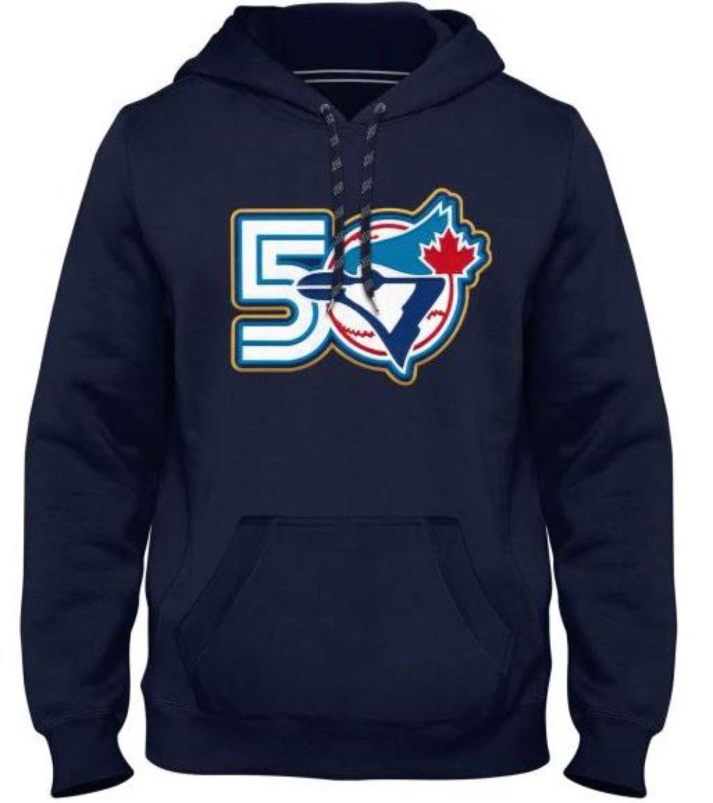 Navy blue hoodie with Toronto Blue Jays team logo and number 50 on a white background