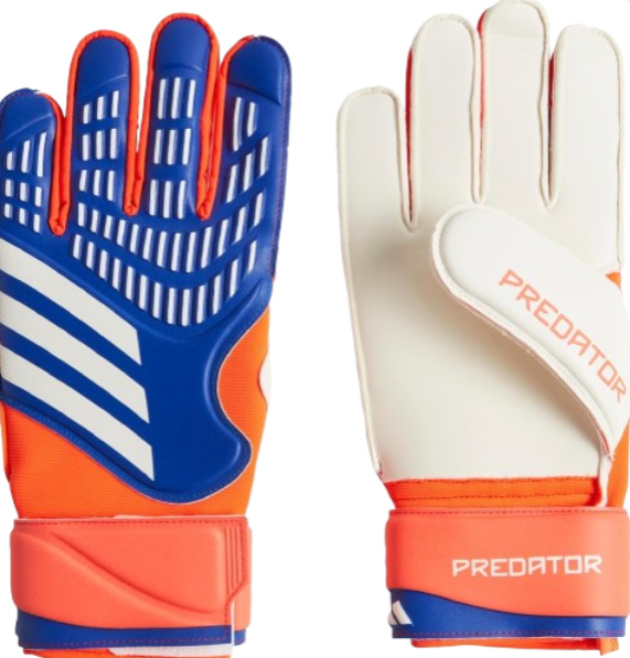 Two soccer gloves, one blue and orange, the other white with orange accents, on a white background.