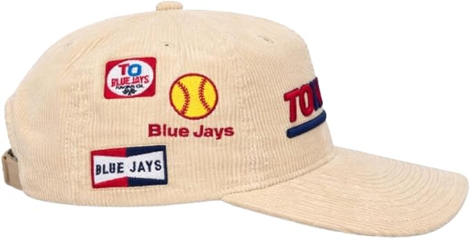 Beige cap with multiple logos on a white background