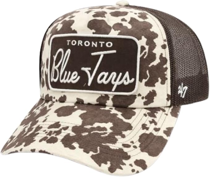 47 MLB Toronto Blue Jays Script Wordmark Patch Adjustable Cow Print Trucker Hat - Cream/Brown