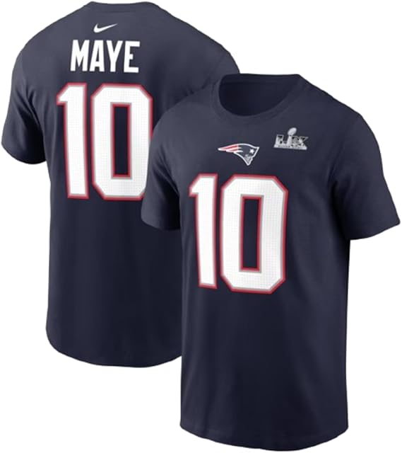 Nike Men's NFL New England Patriots Super Bowl LX Drake Maye #10 Player Name and Number T-Shirt - Navy