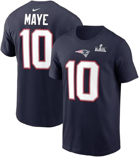 Nike Men's NFL New England Patriots Super Bowl LX Drake Maye #10 Player Name and Number T-Shirt - Navy