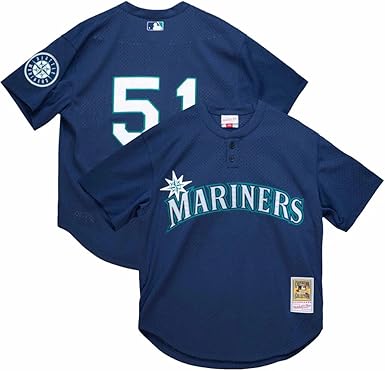Mitchell & Ness Men's MLB Seattle Mariners Ichiro Suzuki #51 Cooperstown Mesh Batting Practice Pullover Jersey in navy color with the number 51 and the team name 'Mariners' displayed on the front.