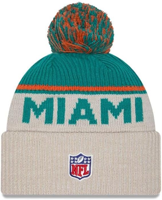 New Era NFL 2024 Miami Dolphins Sideline Historic Cuffed Knit Hat with Pom