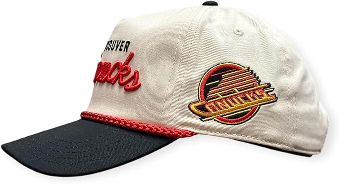 American Needle NHL Vancouver Canucks Roscoe Alt Adjustable Snapback Hat with Side Patch - Cream/Black