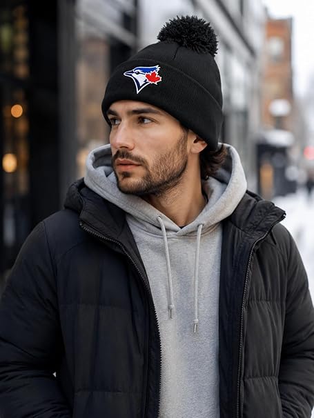 Mitchell & Ness MLB Toronto Blue Jays Custom Cuff Knit Beanie with Pom - Black