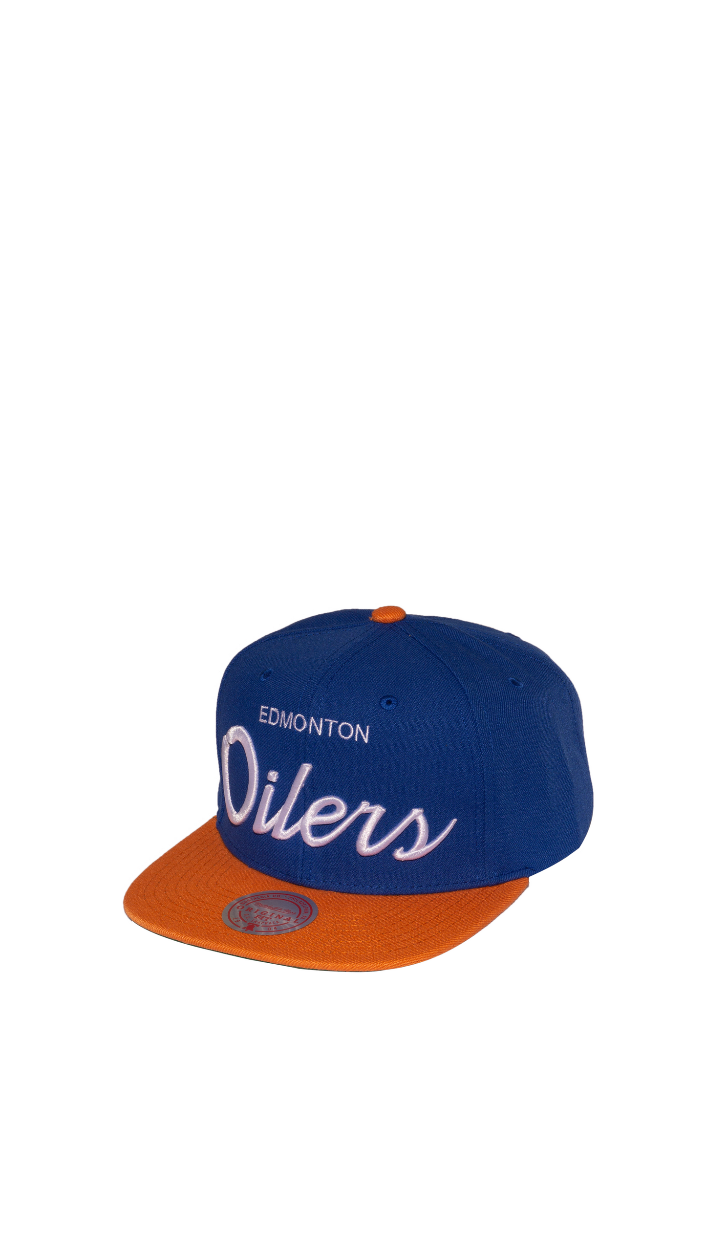 Men’s NHL Edmonton Oilers Mitchell & Ness Vintage Script Snapback Hat – Blue/Orange