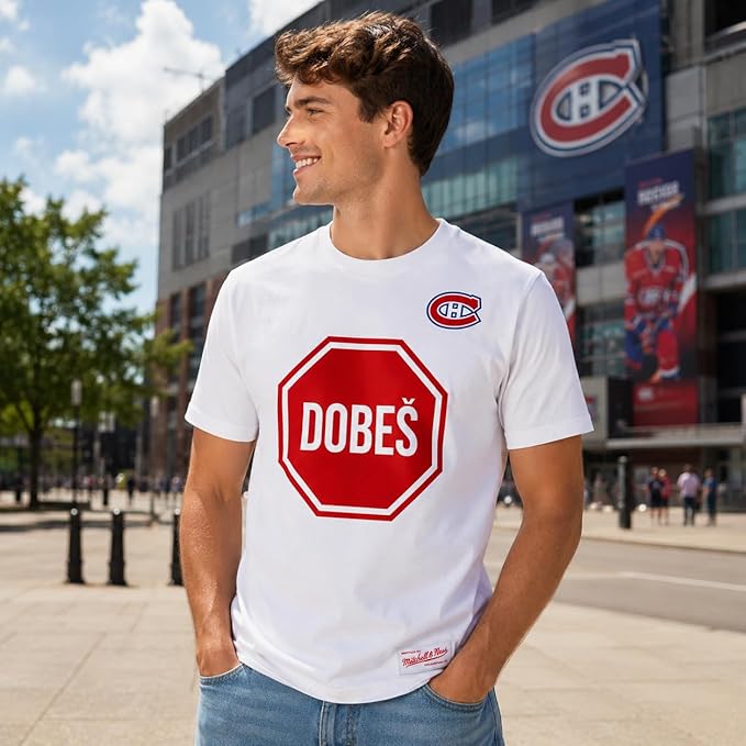 Mitchell & Ness NHL Montreal Canadiens Jakub Dobes Stop Sign Goaltender Heavyweight T-Shirt - White
