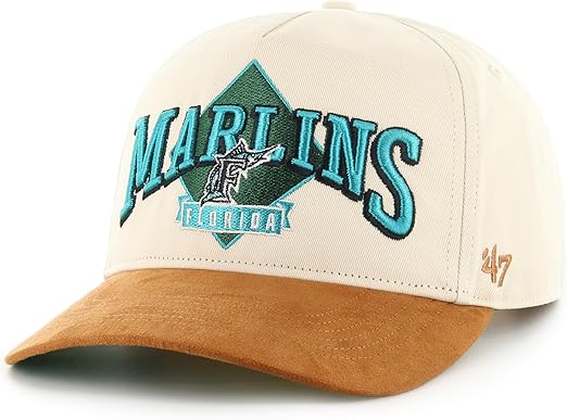 Adjustable snapback hat with beige crown and brown visor featuring the Miami Marlins logo in blue and teal.