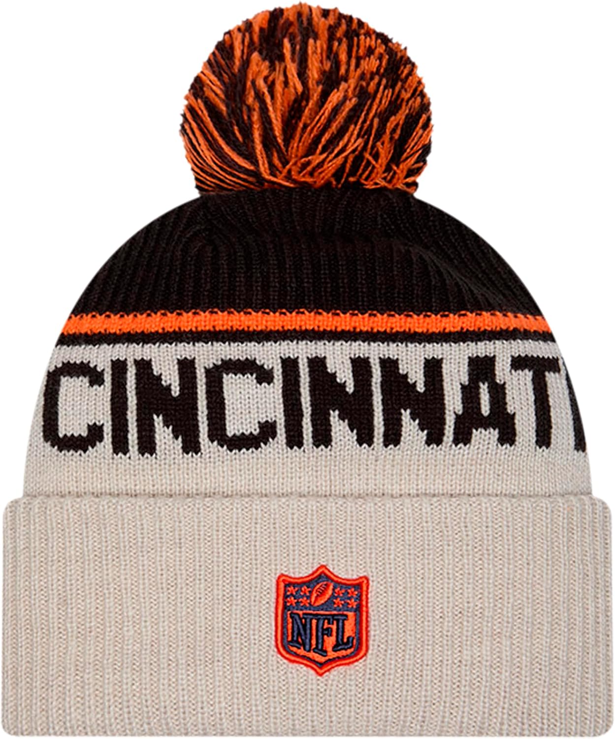 New Era NFL 2024 Cincinnati Bengals Sideline Historic Cuffed Knit Hat with Pom