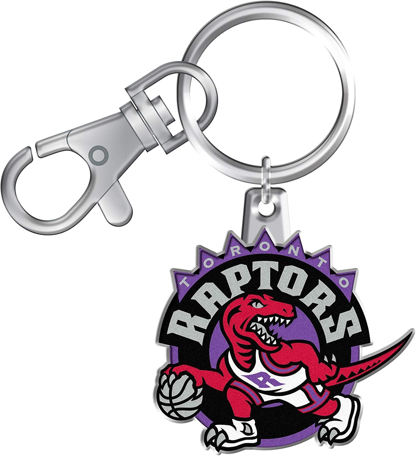 A collectible basketball keychain featuring the Toronto Raptors logo with a dinosaur mascot.