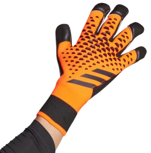 Orange and black glove with textured palm on a white background