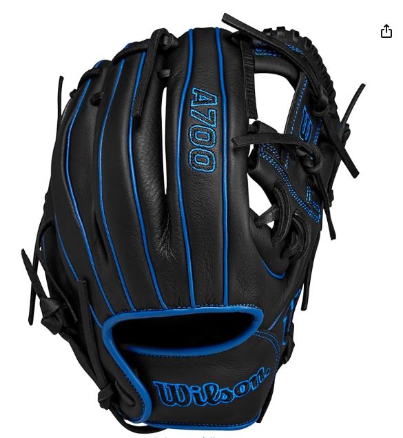 Black baseball glove with blue accents and 'Wilson' branding on a white background