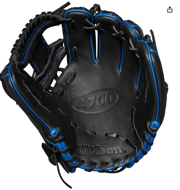 Black baseball glove with blue accents on a white background