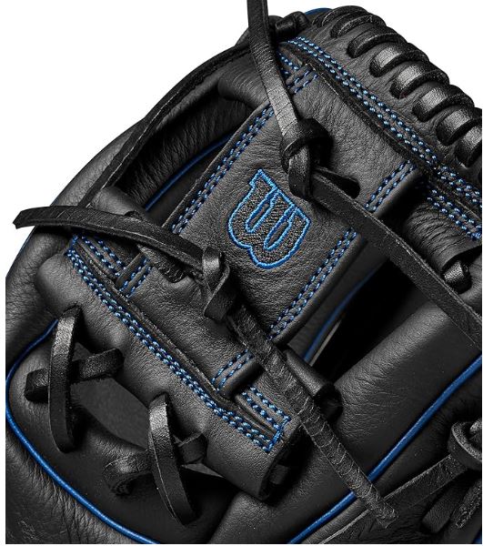 Close-up of a black baseball glove with blue stitching and Wilson logo.
