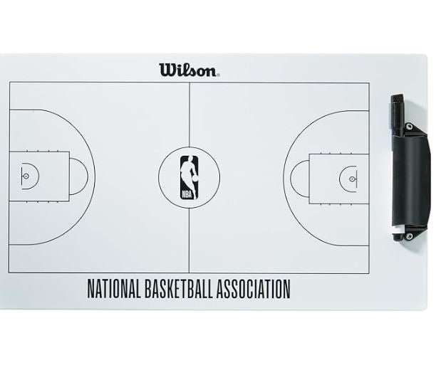 White coaching board with basketball court diagram and Wilson logo