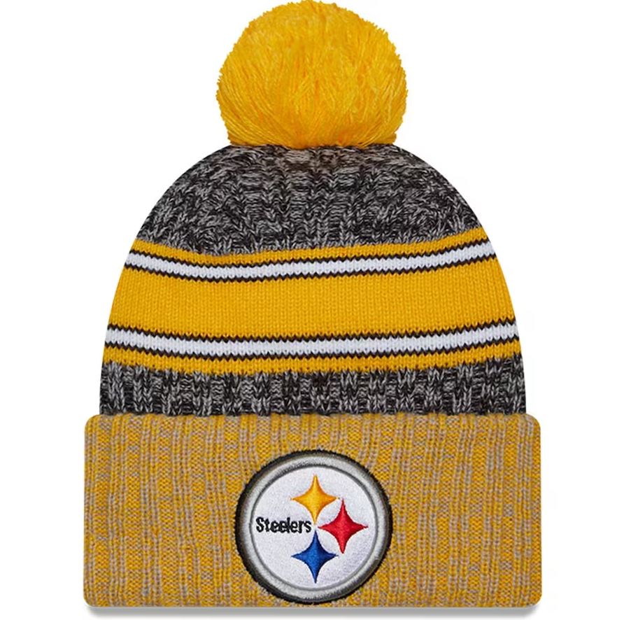 Men's New Era Black/Gold Pittsburgh Steelers 2023 Sideline Sport Cuffed Pom Knit Hat