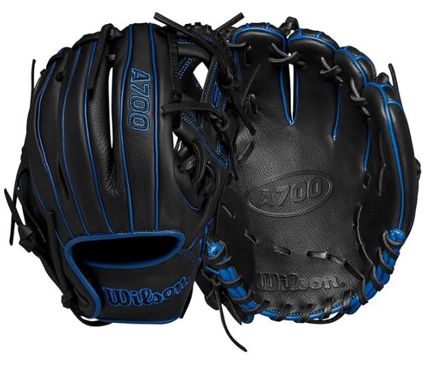 Black and blue baseball glove with 'A700' branding on a white background