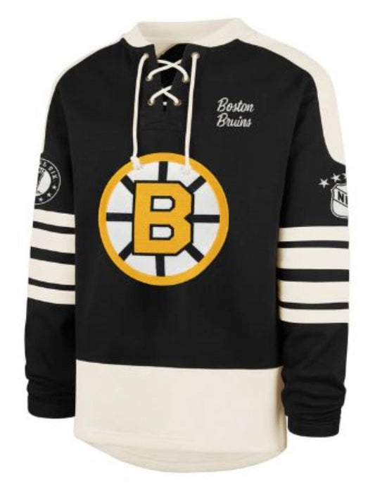 '47 NHL Boston Bruins Golden Age Sweep Check Eternal Lacer Fleece Hoodie - Black/White
