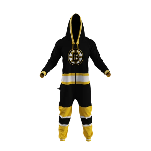 A black and yellow Boston Bruins themed hockey onesie with a hoodie, pockets, and an emergency '5 hole trapper' flap at the rear.