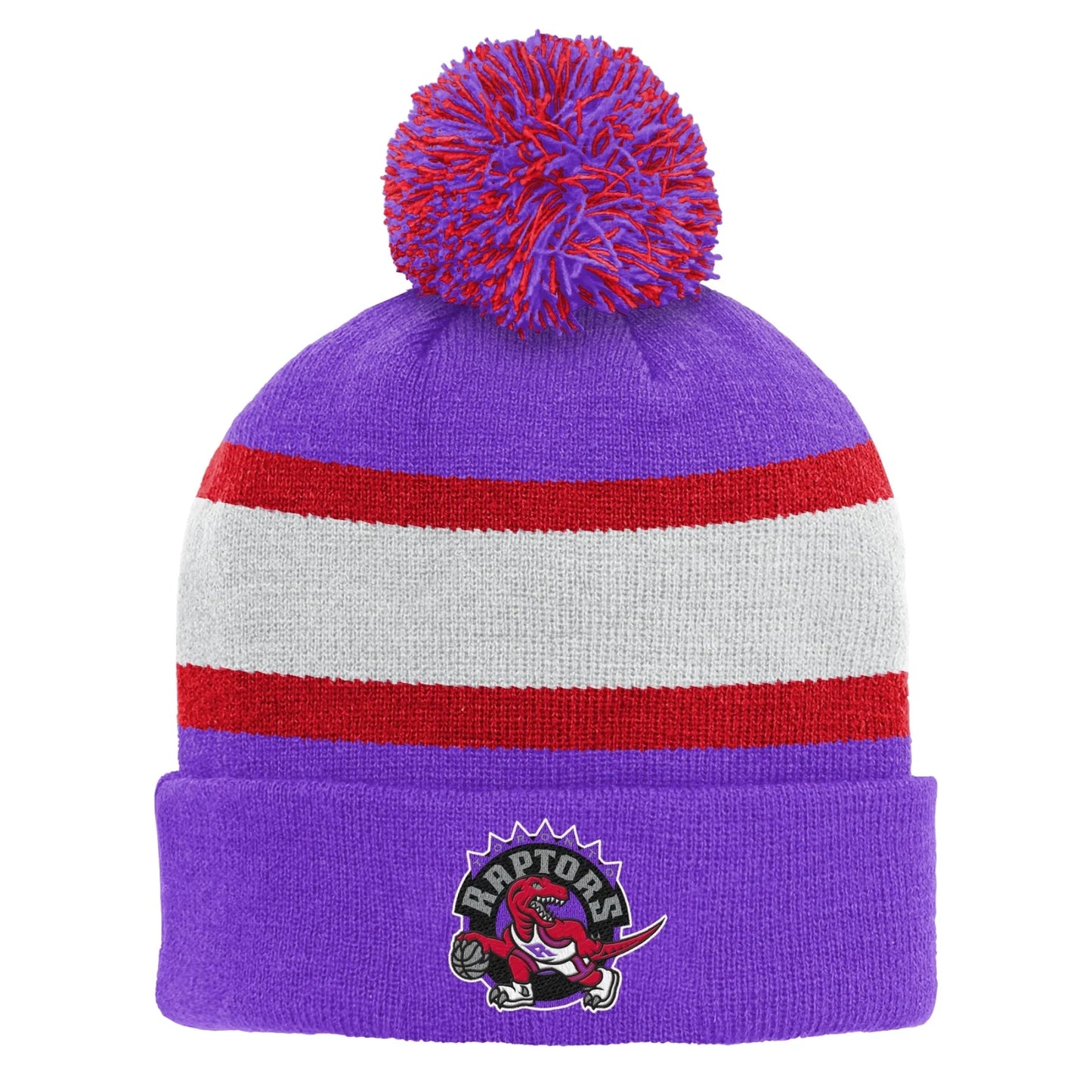 Mitchell & Ness Youth NBA Toronto Raptors Striped Cuffed Knit Hat with Pom - Purple