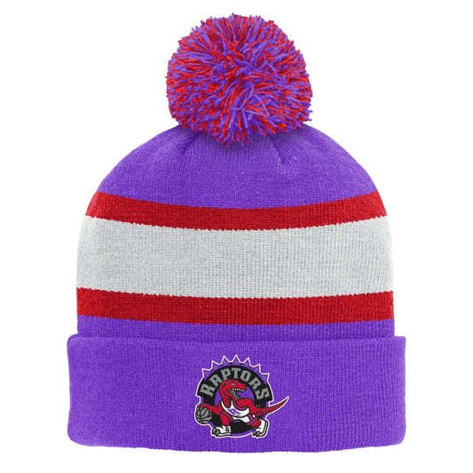 Mitchell & Ness Youth NBA Toronto Raptors Striped Cuffed Knit Hat with Pom - Purple