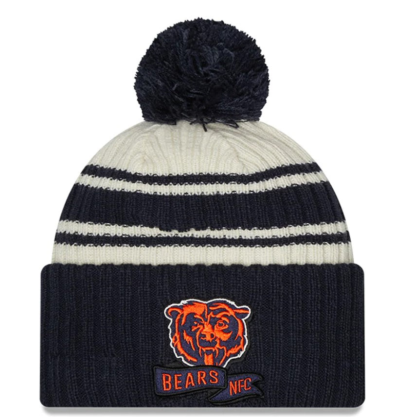 Men's Chicago Bears New Era Cream/Navy 2022 Sideline Sport Cuffed Pom Knit Hat