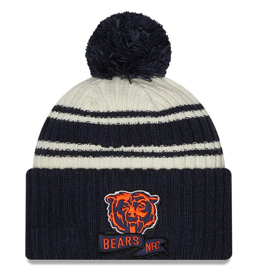 Men's Chicago Bears New Era Cream/Navy 2022 Sideline Sport Cuffed Pom Knit Hat