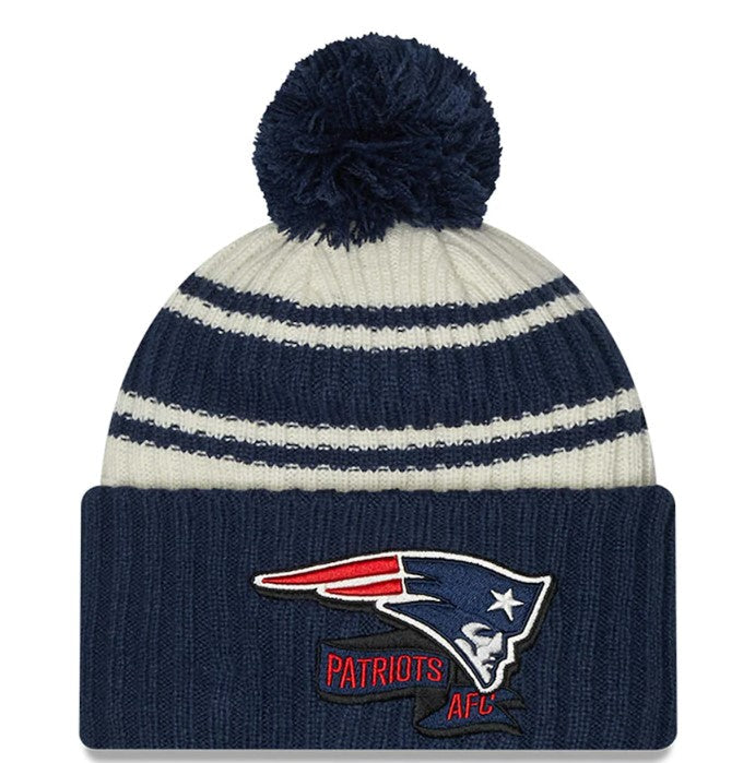 New Era Cream/Navy New England Patriots 2022 Sideline Sport Cuffed Pom Knit Hat