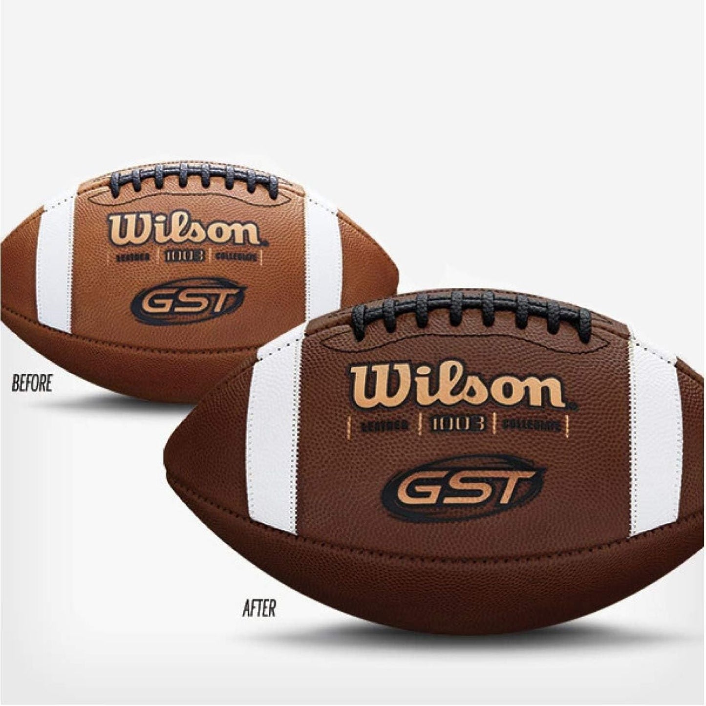 Two Wilson GST footballs, one labeled 'Before' and the other 'After', on a white background.