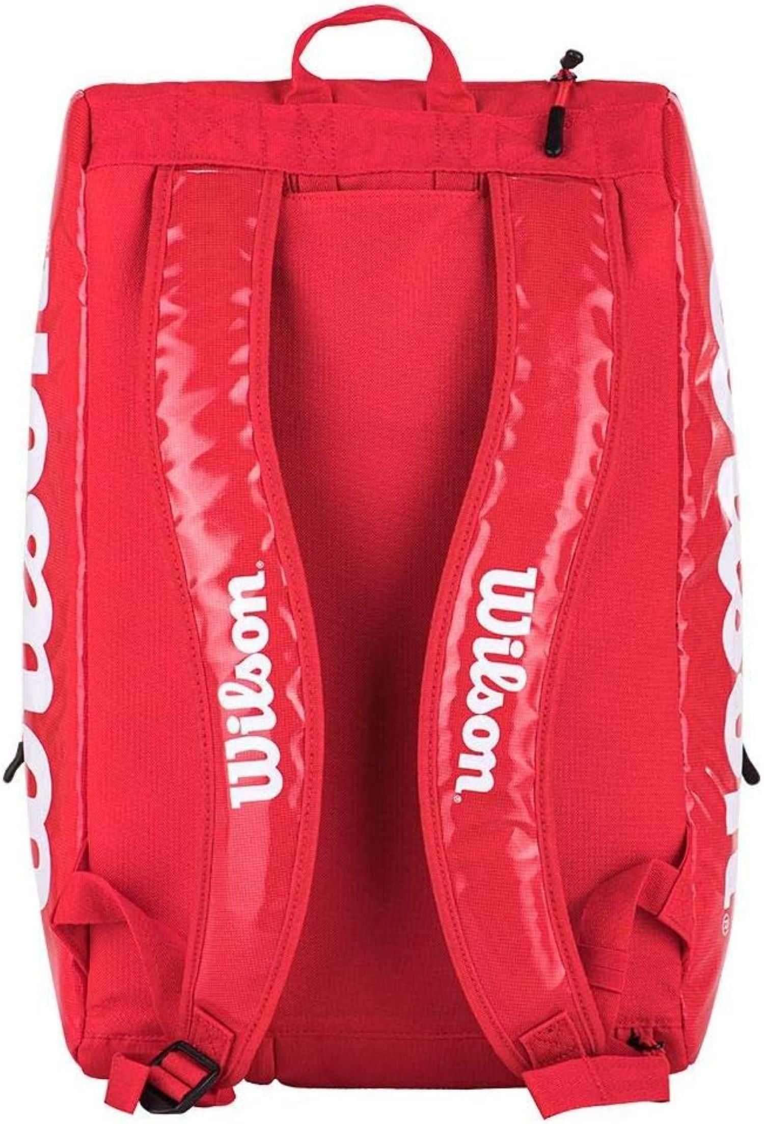 Red Wilson backpack with visible branding on a white background