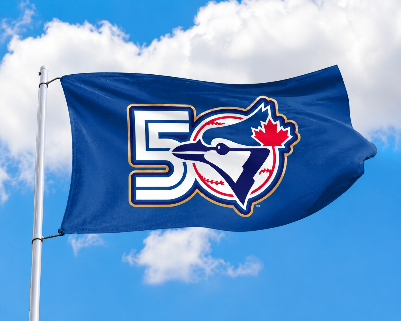 Blue flag with a logo featuring a blue jay and number 50 against a blue sky with clouds