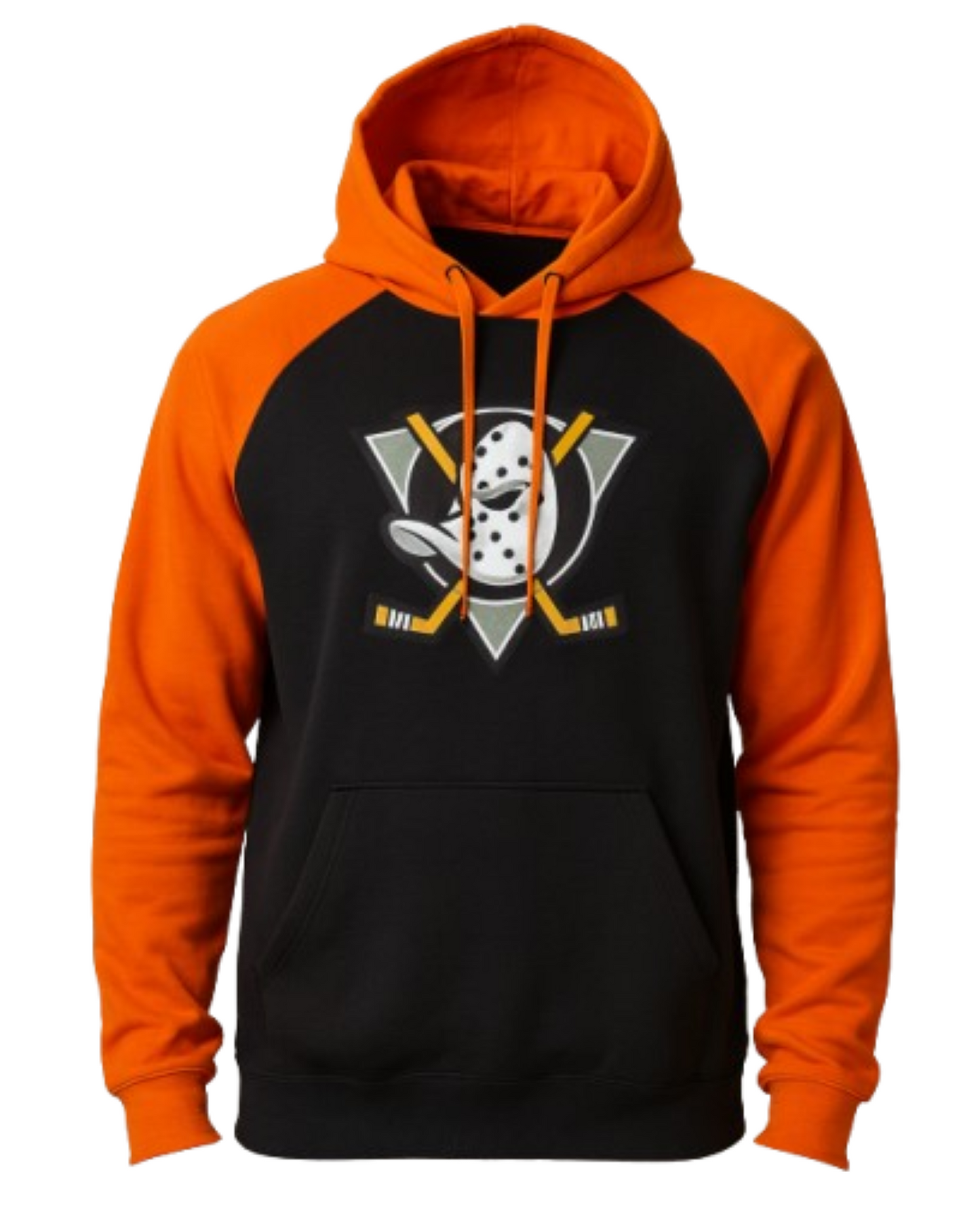 Orange and black hoodie of anaheim ducks with a logo on a white background