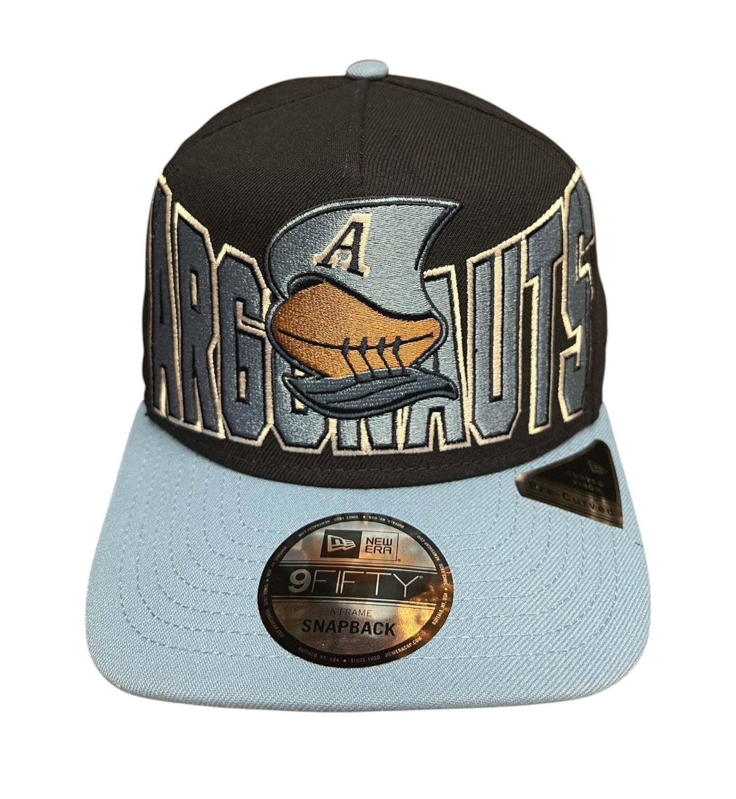 New Era 9FIFTY CFL Toronto Argonauts Big Block 2025 A-Frame Turf Traditions Sideline Two Tone Snapback Hat - Navy/Blue