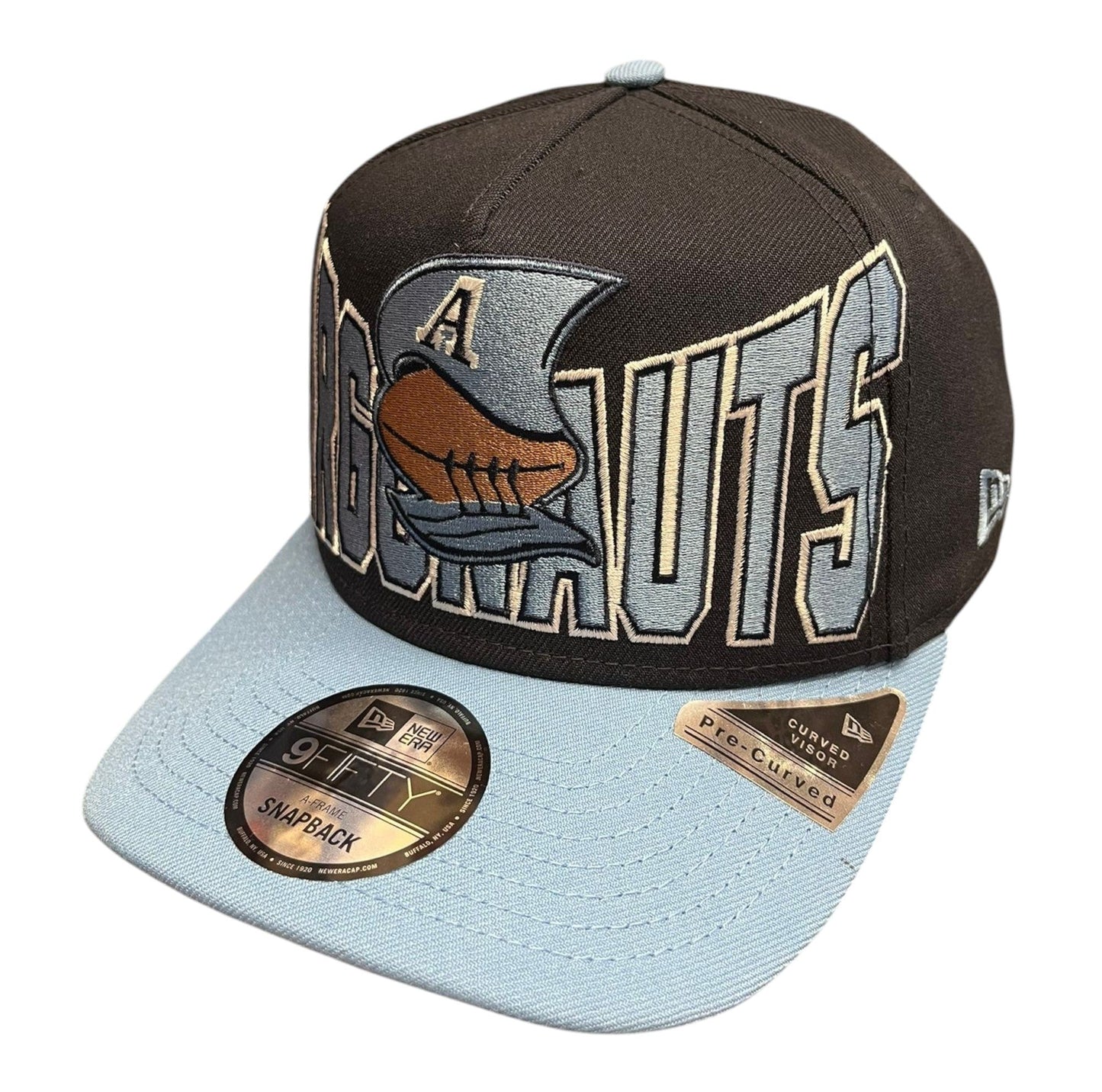 New Era 9FIFTY CFL Toronto Argonauts Big Block 2025 A-Frame Turf Traditions Sideline Two Tone Snapback Hat - Navy/Blue