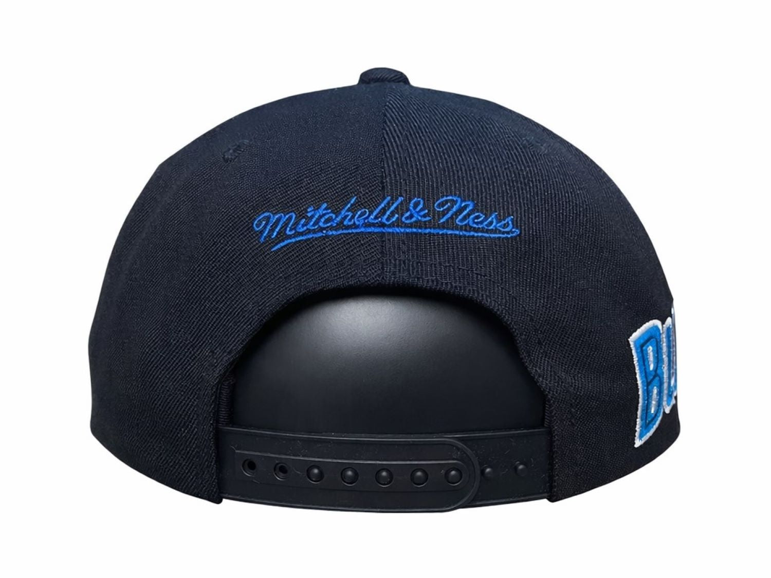Black Toronto Blue Jays cap with blue 'Mitchell & Ness' logo on a white background