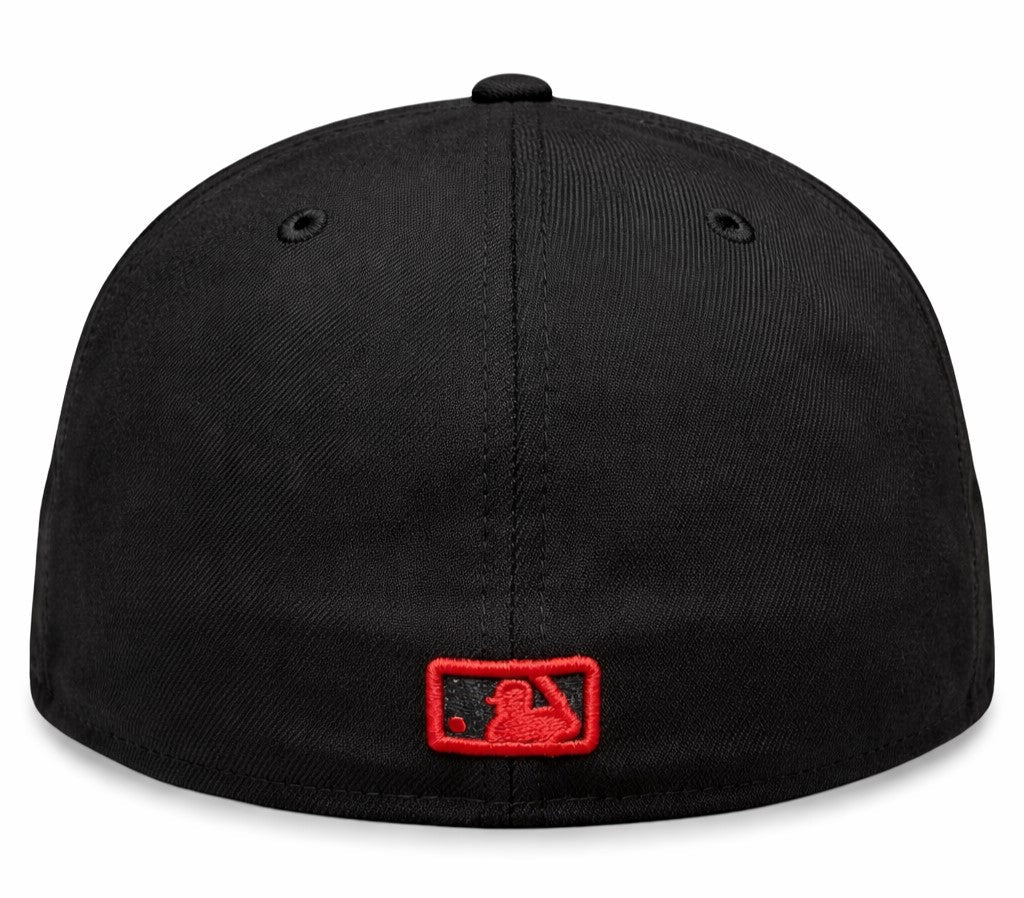Black cap with a red logo on a white background