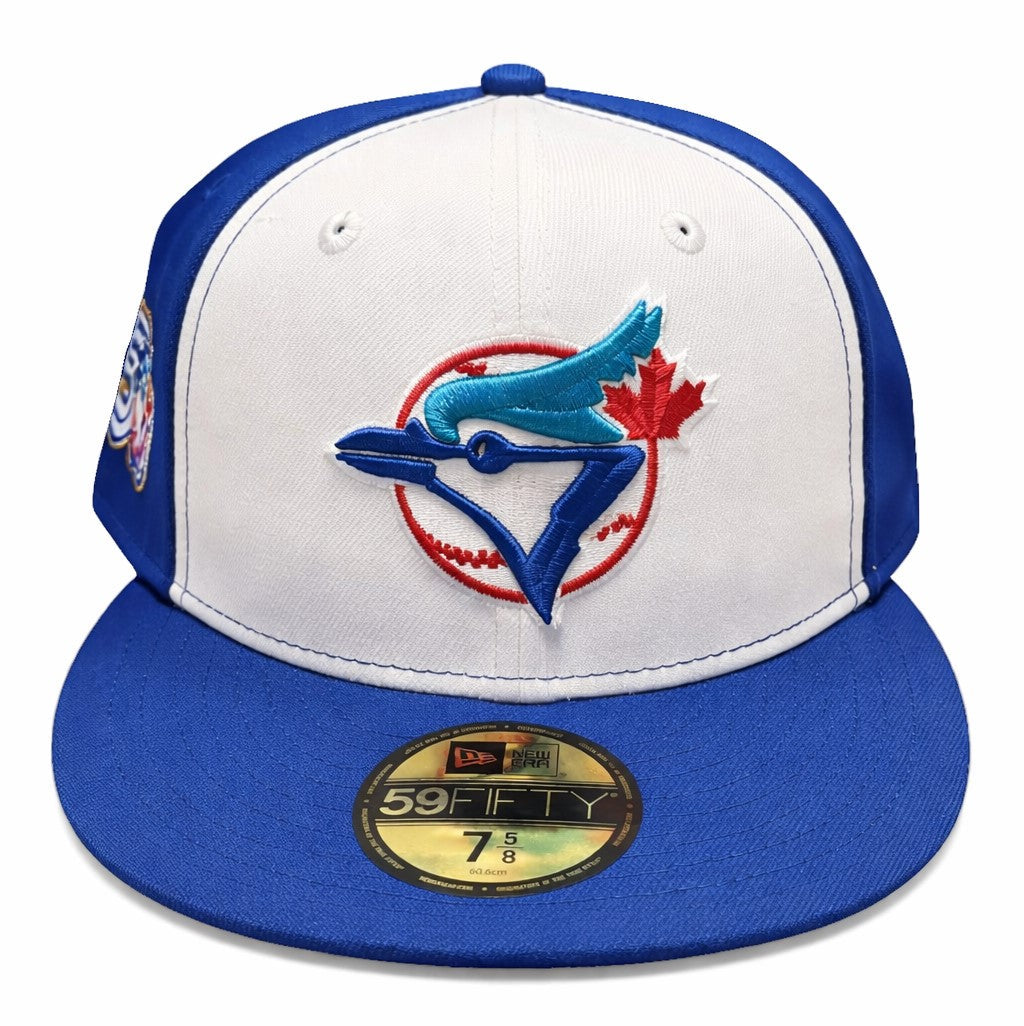 New Era 59FIFTY MLB Toronto Blue Jays Cooperstown Logo 50th Anniversary Side Patch Custom Collection Fitted Hat - Blue/White