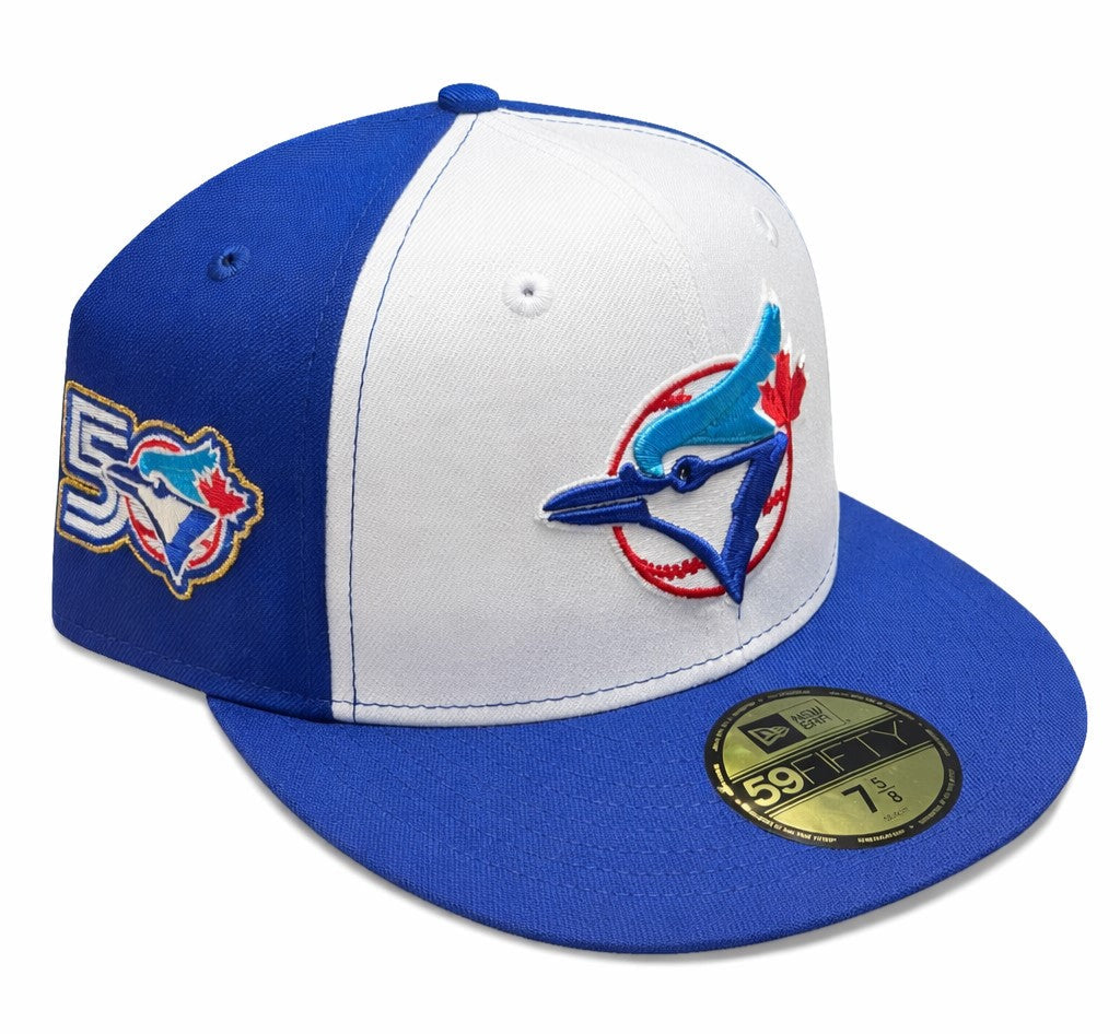 Blue and white baseball cap with a logo on a white background