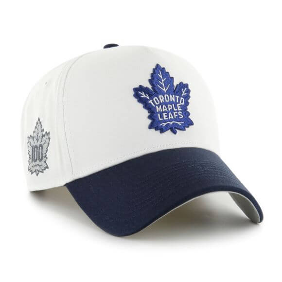 An adjustable Toronto Maple Leafs baseball cap with a white brim and blue crown, featuring the team's logo.